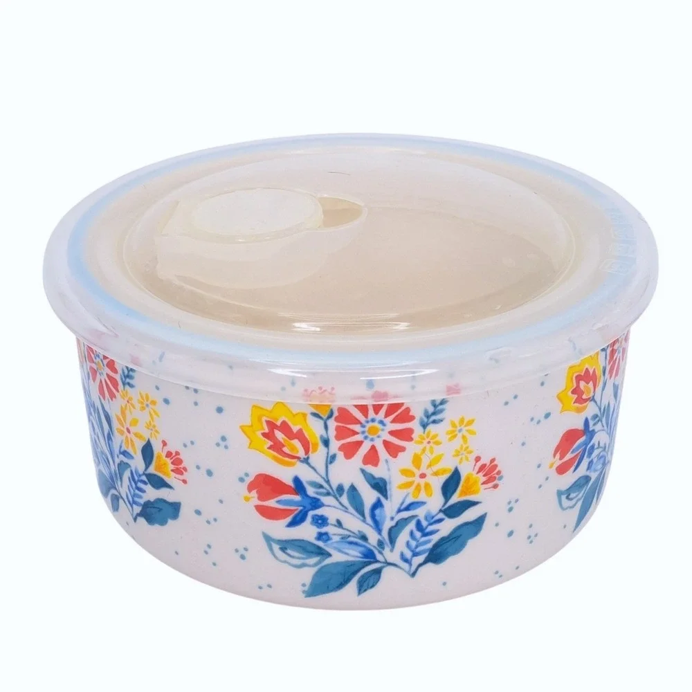 The Pioneer Woman Stoneware Storage Bowl Small White Floral Vented Lid Vintage
